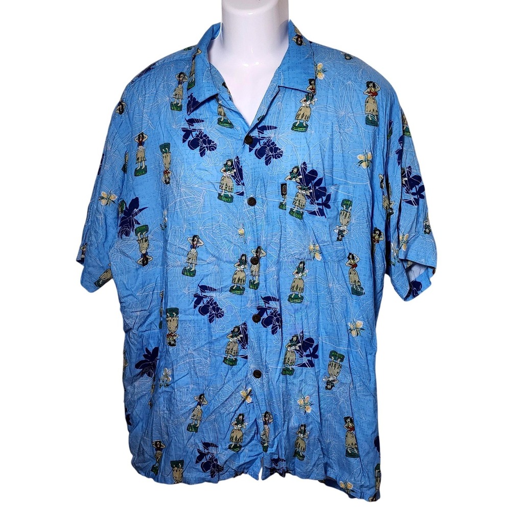 Pineapple Connection Mens XL Hula Girl Hawaiian Shirt Blue Rayon Button Down